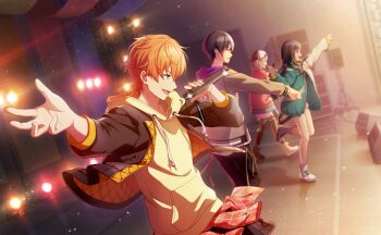 Rule 34 | 2boys, 2girls, ^ ^, aoyagi touya, azusawa kohane, backwards hat, black hair, black hat, black jacket, black pants, black tank top, blonde hair, blonde streaks, blue eyes, blue hair, blurry, blurry background, closed eyes, colorful palette, full body, game cg, green jacket, grey jacket, hat, highres, holding, holding microphone, hood, hoodie, jacket, kono matsuri ni yuuyami iro mo (project sekai), leg up, long hair, looking to the side, microphone, multicolored hair, multiple boys, multiple girls, official art, open clothes, open jacket, open mouth, orange eyes, orange hair, pants, pink jacket, profile, project sekai, shinonome akito, shiraishi an, shoes, split-color hair, tank top, third-party source, tongue, twintails, two-tone hair, vivid bad squad (project sekai), white hat, white shoes, yellow eyes, yellow hoodie