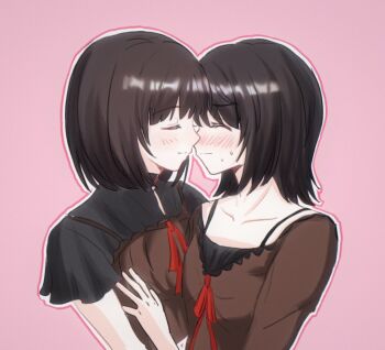 2girls above-cleavage_cutout aisen_(aisen10086) amakura_mayu amakura_mio black_camisole black_hair black_shirt blush bob_cut brown_camisole brown_hair brown_shirt camisole camisole_over_clothes closed_eyes closed_mouth clothing_cutout collarbone commentary face-to-face facing_another fatal_frame fatal_frame_ii:_crimson_butterfly from_side hand_on_another's_chest hand_up incest light_smile long_sleeves multiple_girls nose_blush outline pink_background pink_outline profile red_ribbon ribbon shirt short_hair short_sleeves siblings simple_background sisters sweat twincest twins untranslatable_commentary upper_body white_outline yuri