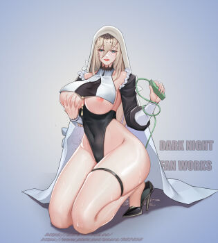 1girl absurdres aponia blue_eyes breasts brown_hair dark_night_(darkotl) full_body grabbing_own_breast high_heels highres honkai_(series) honkai_impact_3rd large_breasts large_variant_set long_hair looking_at_viewer nipples nun pussy_juice solo variant_set veil