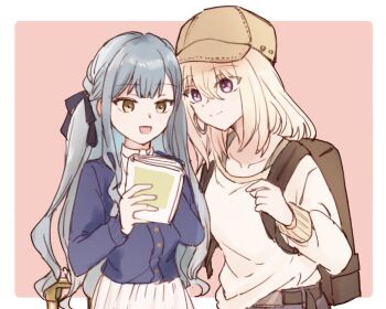 Rule 34 | 2girls, backpack, bag, bang dream!, bang dream! it's mygo!!!!!, baseball cap, black ribbon, blonde hair, blue cardigan, blue hair, border, braid, brown bag, brown hat, cardigan, closed mouth, collarbone, commentary request, earrings, hair between eyes, hair ribbon, hat, jewelry, long hair, long sleeves, medium hair, misumi uika, multiple girls, open mouth, outside border, pink background, purple eyes, ribbon, setou (bpdne), simple background, sweater, sweater partially tucked in, togawa sakiko, two side up, upper body, white border, white sweater, yellow eyes