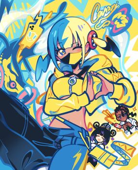 ! !! 1boy 2girls anzu_(anzuhan) black_hair character_name eelektross gen_4_pokemon gen_5_pokemon gwynn_(pokemon) heart highres jacket mask mega_eelektross mega_pokemon mega_stone midriff mouth_mask multicolored_hair multiple_girls naveen_(pokemon) nintendo one_eye_closed pants pokemon pokemon_(creature) pokemon_legends:_z-a rotom rotom_phone split-color_hair twintails yellow_jacket zipper