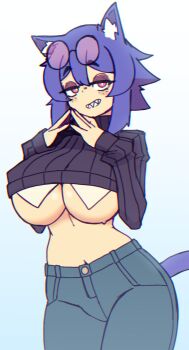 1girl animal_ear_fluff animal_ears black_sweater blue_hair blue_pants breasts cat_ears cat_girl cat_tail cowboy_shot cropped_sweater doce female_focus freckles grin hair_between_eyes half-closed_eyes highres large_breasts looking_at_viewer midriff navel original pants pink_eyes sharp_teeth short_hair smile solo sunglasses_on_head sweater tail teeth tinted_eyewear turtleneck turtleneck_sweater underboob white_background xiao_(docecaedrus)