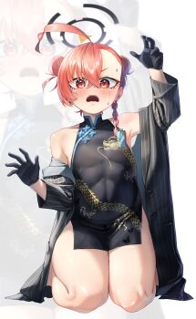 1girl abs absurdres ahoge asymmetrical_hair black_dress black_gloves black_halo blue_archive china_dress chinese_clothes commentary_request cosplay double_bun dragon_print dress flat_chest gloves hair_bun halo highres huge_ahoge jacket kisaki_(blue_archive) kisaki_(blue_archive)_(cosplay) kneeling looking_at_viewer mole mole_under_each_eye mole_under_eye multiple_moles neru_(blue_archive) orange_hair pinstripe_jacket pinstripe_pattern print_dress red_eyes short_hair solo striped_clothes striped_jacket sweat vertical-striped_clothes vertical-striped_jacket walking_nakta