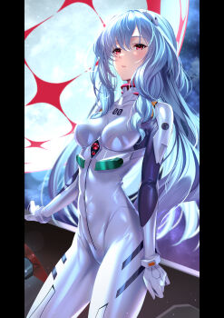 1girl absurdres ayanami_rei blue_hair blush breasts commentary evangelion:_3.0+1.0_thrice_upon_a_time highres interface_headset_(evangelion) ldfe_mk2 long_hair mecha_pilot_suit medium_breasts neon_genesis_evangelion official_alternate_hair_length official_alternate_hairstyle plugsuit_(evangelion) rebuild_of_evangelion red_eyes solo very_long_hair wavy_hair