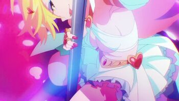 angel angel_girl angel_wings animated animated_gif anime_screenshot armlet blonde_hair breasts bridal_gauntlets cleavage earrings jewelry large_breasts long_hair looking_at_viewer navel panty_&amp;_stocking_with_garterbelt panty_(psg) pole pole_dancing ring skirt stripper_pole tongue tongue_out white_skirt wings