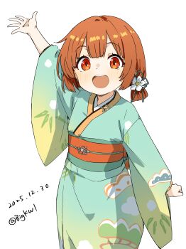 1girl :d absurdres arm_up bigkwl blunt_bangs blush commentary cowboy_shot dated dated_commentary dot_nose double-parted_bangs green_kimono highres japanese_clothes kaiboukan_no._4_(kancolle) kantai_collection kimono long_sleeves looking_at_viewer obi one-hour_drawing_challenge open_mouth orange_eyes orange_hair orange_sash outstretched_arm sash short_hair simple_background smile solo twitter_username white_background wide_sleeves
