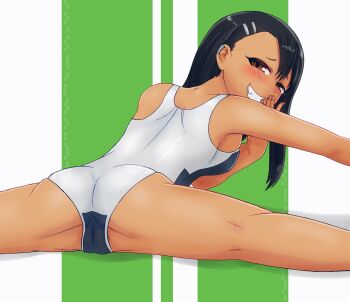 1girl art_conscript ass black_hair blush brown_eyes cameltoe from_behind grin highres ijiranaide_nagatoro-san long_hair looking_back nagatoro_hayase smile solo spread_legs swimsuit