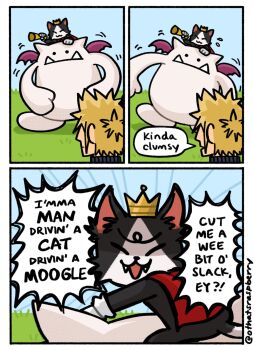 Rule 34 | 1boy, :3, animal, animal on head, blonde hair, blue shirt, blue sky, border, cait sith (final fantasy), cape, cat, cat on head, closed eyes, cloud strife, creature, crown, english text, fangs, fangs out, final fantasy, final fantasy vii, final fantasy vii rebirth, final fantasy vii remake, flying sweatdrops, furrowed brow, gloves, grass, highres, holding, holding megaphone, maddie (othatsraspberry), male focus, megaphone, mini crown, moogle, on head, open mouth, outdoors, red cape, ribbed shirt, shirt, short hair, sky, spiked hair, tuxedo cat, twitter username, white border, white gloves