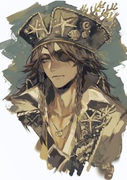 1boy belt_buckle braid brown_hair buckle chest_belt collarbone collared_shirt eyepatch hair_between_eyes hat highres ho9_999 jewelry leona_kingscholar leona_kingscholar_(halloween) long_hair looking_to_the_side male_focus necklace official_alternate_costume one_eye_covered pirate pirate_hat portrait shirt sideways_glance solo twin_braids twisted_wonderland white_background