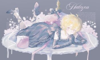 1boy absurdres ahoge alternate_costume aotu_world beads black_bow black_dress black_gloves black_ribbon black_shoes blonde_hair blue_eyes blush bottle bow candle closed_mouth collarbone commentary crossdressing crossdressing_(mtf) dress elbow_gloves english_commentary english_text falling_petals flower frilled_dress frills full_body gem gloves grey_background hair_between_eyes head_rest high_heels highres king_(aotu_world) leg_ribbon looking_at_viewer lying male_focus on_stomach own_hands_together pearl_(gemstone) perfume_bottle petals pink_flower pink_ribbon plutoray pointy_ears ribbon shoes short_hair sidelocks simple_background sleeveless sleeveless_dress solo sparkle trap