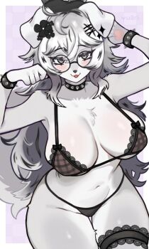 1girl :3 animal_ears animal_nose artist_name bare_shoulders bikini black_bikini bracelet breasts chest_tuft choker commentary dog_ears dog_girl dog_tail furry furry_female glasses grey_eyes grey_fur grey_hair highres jewelry large_breasts long_hair looking_at_viewer multicolored_hair navel original paw_pose simple_background smile solo spiked_bracelet spiked_choker spikes streaked_hair swimsuit tail thick_thighs thigh_gap thigh_strap thighs valleedolla
