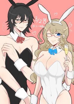 1boy 1girl absurdres alcohol animal_ears black-framed_eyewear black_eyes black_hair black_leotard blue_bow blue_bowtie blue_eyes blush bow bowtie breasts brown_hair champagne champagne_flute cleavage closed_mouth collar commentary_request cousins covered_navel cowboy_shot cup detached_collar drinking_glass fake_animal_ears fake_tail frown glasses highres holding holding_cup kisaragi_ayane kisaragi_ren_(mahjong_soul) koruri456 large_breasts leotard long_hair looking_at_viewer mahjong_soul male_playboy_bunny one_eye_closed playboy_bunny rabbit_ears rabbit_tail red-framed_eyewear red_bow red_bowtie short_hair simple_background strapless strapless_leotard tail white_collar white_leotard wrist_cuffs