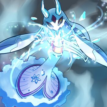 Rule 34 | back bow, blue eyes, bow, colored sclera, colored skin, commentary request, dress, froslass, gen 4 pokemon, highres, horns, ice, ice crystal, ice horns, mega froslass, mega pokemon, nintendo, pokemon, pokemon (creature), pokemon focus, pokemon legends: z-a, purple skin, sazandora600, white dress, yellow sclera