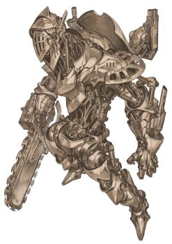 1other armor chainsaw commentary english_commentary exhaust_pipe full_body highres holding holding_chainsaw knight nameno92372763 no_humans original robot simple_background solo standing white_background