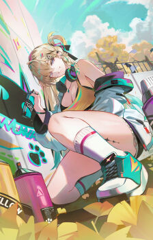 1girl absurdres alternate_costume aqua_shoes bare_shoulders blonde_hair breasts can cleavage commentary day graffiti green_sky hair_ornament headphones headphones_around_neck highres holding holding_can hyonee jacket large_breasts long_hair looking_at_viewer lynae_(wuthering_waves) off_shoulder outdoors purple_eyes shoes skull_hair_ornament sky smile socks solo spray_can tacet_mark_(wuthering_waves) thighs white_jacket white_socks wuthering_waves