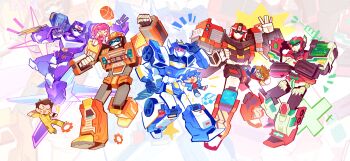 1girl 6+boys absurdres american_football_(object) anna_(metal_cardbot) arm_up ball blue_cop blue_hair bradyclaph83904 brown_hair chibi chinese_commentary closed_eyes commentary_request crossed_arms double_v edo_(metal_cardbot) full_body highres jacket jun_grant looking_at_another mecha mecha_focus mega_ambler mega_trucker metal_cardbot multiple_boys one_eye_closed open_mouth pants phoenix_fire pink_hair robot shadow_x_(metal_cardbot) shirt short_hair simple_background sitting skirt smile standing star_(symbol) syringe teo_(metal_cardbot) v zoom_layer
