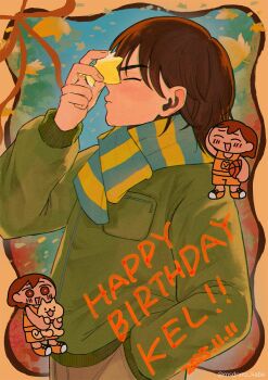 1boy 2025 :d ^_^ animal ball basketball_(object) blue_background blue_scarf border brown_hair character_name chibi chibi_inset chromatic_aberration closed_eyes closed_mouth commentary_request cowboy_shot dated dog film_grain fingernails from_side green_jacket hair_between_eyes hand_in_pocket hand_up happy_birthday hector_(omori) highres holding holding_animal holding_dog holding_leaf jacket kel_(faraway)_(omori) kel_(omori) leaf long_sleeves male_focus msdnno_kabe official_alternate_costume omori open_mouth orange_border outside_border profile puffy_long_sleeves puffy_sleeves scarf short_hair simple_background smile solo standing striped_clothes striped_scarf two-tone_scarf v-shaped_eyebrows yellow_scarf