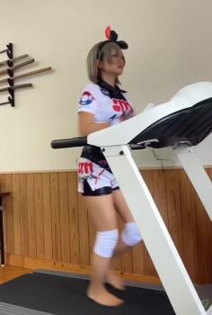 1girl animated asian barefoot bea_(pokemon) bodysuit bodysuit_under_clothes bow collared_shirt cosplay cosplay_photo dark-skinned_female dark_skin grey_hair hair_bow knee_pads nintendo photo_(medium) pokemon pokemon_swsh print_shirt print_shorts real_life running shirt short_sleeves shorts solo tagme tied_shirt treadmill video white_shirt white_shorts