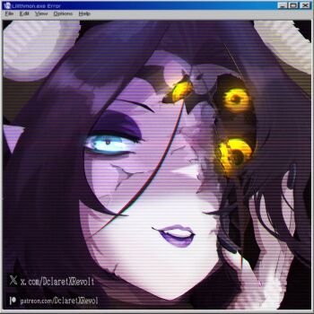 1girl black_hair blue_eyes close-up commentary cracked_kawaii_mask dclaret demon_girl demon_horns digimon digimon_(creature) english_commentary eyeshadow highres horns kuramon lilithmon makeup purple_eyeshadow purple_lips scanlines solo yellow_eyes