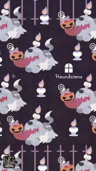 animal_focus candle candy dog fangs fire food greavard halloween highres jack-o&#039;-lantern lollipop meme_(sleepsheep) nintendo no_humans open_mouth pokemon pokemon_(creature) pokemon_focus pumpkin purple_fire skin_fangs swirl_lollipop tail teeth tongue tongue_out