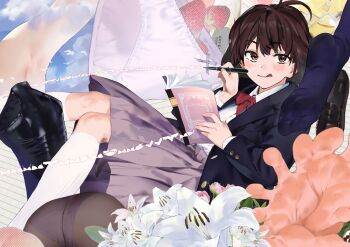 1girl antenna_hair arm_up armpits ass bird black_footwear black_one-piece_swimsuit blue_footwear blue_sky blush book bottle bow bow_panties bowtie bra brown_eyes brown_hair cherry closed_mouth cloud cloudy_sky commentary_request feet flower food fruit grey_skirt holding holding_book holding_notebook holding_pen journal kaguhara-san_no_fetish_note kaguhara_ririka kitou_sakeru liquid long_skirt medium_hair no_shoes notebook official_art one-piece_swimsuit open_book panties pantyhose paper pen pink_flower red_bow red_bowtie red_neckwear school_swimsuit skirt sky soles solo strawberry swimsuit tongue tongue_out underwear white_flower white_panties