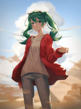 1girl absurdres alternate_hair_length alternate_hairstyle aqua_eyes aqua_hair blue_sky bra_strap cardigan closed_mouth cloud commentary_request day denim desert double-parted_bangs earrings feet_out_of_frame film_grain hair_between_eyes hatsune_miku highres jeans jewelry long_bangs long_hair looking_at_viewer moon_(restire) open_cardigan open_clothes outdoors pants red_cardigan shirt sideways_glance sky solo standing suna_no_wakusei_(vocaloid) vocaloid white_shirt