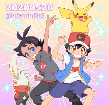 2boys arm_up artist_name ash_ketchum baseball_cap blue_eyes brown_eyes clenched_teeth commentary_request gen_1_pokemon gen_8_pokemon goh_(pokemon) hair_between_eyes hair_ornament hat knees looking_at_viewer male_focus multiple_boys nintendo okaohito1 on_head pikachu pokemon pokemon_(anime) pokemon_(creature) pokemon_journeys pokemon_on_head raboot shirt short_sleeves shorts sleeveless sleeveless_jacket smile sparkle teeth w watermark white_shirt