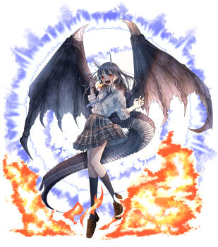 1girl absurdres aoki_ruri black_hair black_wings blue_necktie blush breath_weapon breathing_fire brown_shoes collared_shirt commentary_request dragon_girl dragon_horns dragon_tail dragon_wings eyelashes fire full_body highres horns kagura_(05410zura) loafers long_hair long_sleeves looking_at_viewer necktie open_mouth plaid_clothes plaid_skirt pleated_skirt polka_dot_necktie red_eyes ruridragon school_uniform sharp_teeth shirt shoes sidelocks simple_background skirt sleeves_rolled_up slit_pupils solo standing swept_bangs tachi-e tail teeth white_background white_shirt wings