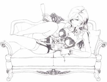 1girl alcohol breasts champagne cleavage cushion female_focus garter_belt gun handgun jewelry legs lingerie long_hair lupin_iii lying mauser_c96 mine_fujiko monochrome necklace panties solo thighhighs tms_entertainment underwear unfinished weapon
