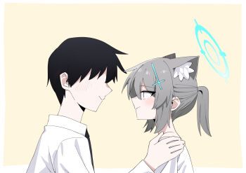1boy 1girl absurdres animal_ear_fluff animal_ears b.t._(boob_tong) black_hair blue_archive blue_halo blush cross cross_hair_ornament extra_ears faceless faceless_male grey_hair hair_ornament halo highres inverted_cross looking_at_another medium_hair no_eyes ponytail sensei_(blue_archive) shiroko_(blue_archive) short_ponytail upper_body wolf_ears wolf_girl