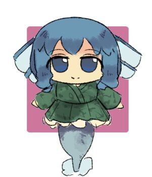 1girl 7-mirano blue_eyes blue_hair character_doll doll fins frilled_kimono frills fumo_(doll) green_kimono head_fins japanese_clothes kimono kneeless_mermaid mermaid mermaid_out_of_environment monster_girl red_background short_hair simple_background smile solo tail touhou two-tone_background wakasagihime white_background