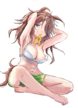 1girl animal_ears armpits bare_shoulders bikini bikini_top_only blue_eyes breasts brown_hair collarbone commentary_request green_shorts hair_between_eyes hair_over_one_eye horse_ears horse_girl horse_tail large_breasts long_hair looking_at_viewer mejiro_palmer_(umamusume) mouth_hold multicolored_hair ribbon ribbon_in_mouth shorts simple_background solo streaked_hair swimsuit tail tying_hair umamusume white_background white_bikini white_hair yanagi_wakana