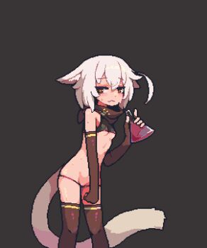 1girl :3 animal_ears bandana bandana_around_neck black_gloves black_panties black_thighhighs breasts brown_eyes cat02a cat_ears cat_girl cat_tail crop_top ears_down elbow_gloves erlenmeyer_flask fang fang_out fingerless_gloves flask gloves highres looking_at_viewer original panties pixel_art potion pussy pussy_peek raised_inner_eyebrows short_hair simple_background small_breasts string_panties sweat tail thighhighs underboob underwear white_hair