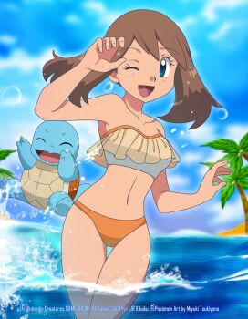 1girl absurdres beach bikini blue_eyes brown_hair closed_eyes gen_1_pokemon highres looking_at_viewer may_(pokemon) miyuki_tsukiyono nintendo one_eye_closed open_mouth orange_bikini orange_shorts pokemon pokemon_(anime) pokemon_(creature) pokemon_rse_(anime) short_hair shorts squirtle swimsuit tree water