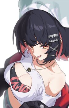 1girl absurdres alternate_costume beanie black_hair black_jacket black_tube_top blue_hat blurry blurry_background breast_cutout breasts chain chain_necklace cleavage cleavage_cutout clothing_cutout collarbone colored_inner_hair commentary crop_top ellen_joe from_above guli_(guli0572) hat highres jacket jacket_partially_removed jewelry large_breasts looking_at_another mole mole_under_eye multicolored_hair necklace open_mouth razor_blade_hair_ornament red_eyes shark_girl shirt short_hair simple_background single_bare_shoulder solo strapless torn_clothes torn_tube_top tube_top upper_body white_background white_shirt zenless_zone_zero