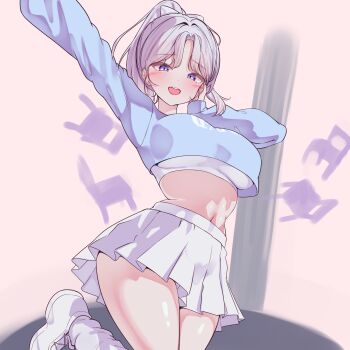 1girl arm_up blue_eyes blue_shirt blush breasts commentary_request cowboy_shot cropped_shirt grey_hair highres ine_(vtuber) large_breasts long_sleeves looking_at_viewer miniskirt navel open_mouth parted_bangs pink_background rapid17 shirt shoes short_hair simple_background skirt smile solo stomach virtual_youtuber waktaverse white_shoes white_skirt