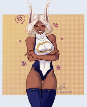1girl anger_vein animal_ears blue_thighhighs boku_no_hero_academia breasts cowboy_shot crescent dark-skinned_female dark_skin exhosofsilence fur_collar grid_background grin heart highres leotard long_eyelashes medium_breasts medium_hair mirko notice_lines rabbit_ears rabbit_tail smile solo spoken_anger_vein tail thighhighs white_hair