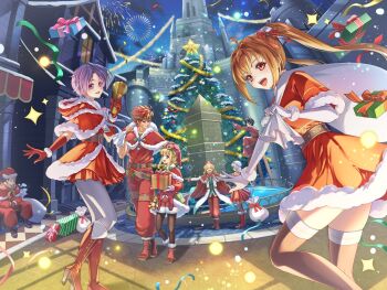4boys 4girls aerial_fireworks agate_crosner ahoge antenna_hair black_hair black_thighhighs blue_eyes boots box capelet cassius_bright chiga_akira christmas christmas_ornaments christmas_star christmas_tree closed_eyes closed_mouth confetti cross_scar decorating_christmas_tree double-parted_bangs dress eiyuu_densetsu elbow_gloves estelle_bright facial_scar fireworks floating_hair fountain fur-trimmed_boots fur-trimmed_capelet fur-trimmed_dress fur-trimmed_gloves fur-trimmed_headwear fur-trimmed_skirt fur_trim gift gift_box gloves goggles goggles_on_head green_eyes green_headband hair_between_eyes hair_intakes hat headband high_heel_boots high_heels highres holding holding_gift holding_sack holly joshua_bright kloe_rinz long_hair long_sleeves looking_at_viewer multiple_boys multiple_girls night olivert_reise_arnor open_mouth outdoors parted_bangs purple_eyes purple_hair red_boots red_capelet red_dress red_eyes red_gloves red_hair red_hat sack santa_costume santa_dress santa_hat scar scar_on_cheek scar_on_face scherazard_harvey short_hair sigh sitting skirt smile snow sora_no_kiseki thighhighs tita_russell twintails white_gloves white_hair