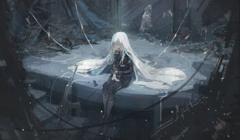 1girl absurdres ak-12 ak-12_(girls&#039;_frontline) ak-12_(mod3)_(girls&#039;_frontline) android assault_rifle black_bodysuit bodysuit cleaning_gun cloak closed_eyes girls&#039;_frontline gun handgun highres holding holding_gun holding_weapon kalashnikov_rifle mai_(xskdizzy) mp-443_grach prosthesis prosthetic_arm prosthetic_leg puppet_strings rifle sitting solo stage weapon white_hair