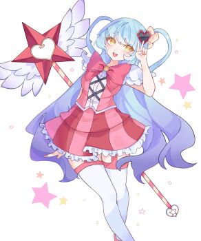 Rule 34 | 1girl, absurdres, blue hair, bow, bowtie, gradient hair, hair ornament, heart, heart hair ornament, highres, kyuncat, lobotomy corporation, long hair, looking at viewer, magical girl, multicolored hair, open mouth, pink bow, pink bowtie, pink garter straps, pink skirt, pink vest, project moon, purple hair, queen of hatred, simple background, skirt, solo, standing, star wand, two side up, upper body, v, very long hair, vest, white background, winged wand, yellow eyes