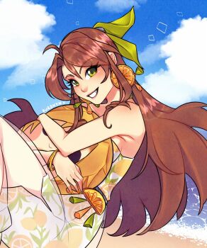 1girl aerith_gainsborough aerith_gainsborough_(citric_dress) ahoge artist_name bangle bare_shoulders beans bracelet breasts brown_hair character_pillow cloud cloud_strife cloudy_sky costa_del_sol dress earrings final_fantasy final_fantasy_vii final_fantasy_vii:_ever_crisis food-themed_earrings food_print food_themed_earrings fruit_print green_eyes green_ribbon hair_between_eyes hair_ribbon half_updo hugging_object jewelry kurohyn long_dress long_hair looking_at_viewer medium_breasts ocean official_alternate_costume official_alternate_hairstyle orange-shaped_earrings orange-shaped_ornament orange_print parted_bangs parted_lips ribbon sand see-through_clothes see-through_dress sideboob sidelocks sky smile solo strapless strapless_dress tassel tassel_earrings upper_body