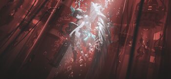 1girl air_bubble arm_cannon bird_wings black_thighhighs black_wings bow brown_hair bubble cable commentary_request control_rod_(touhou) game_cg green_bow green_skirt hair_bow high_heels long_hair machine official_art reiuji_utsuho reoen science_fiction shirt shoes skirt solo stasis_tank submerged thighhighs third-party_source third_eye third_eye_on_chest touhou touhou_gensou_eclipse tube water weapon white_shirt wings