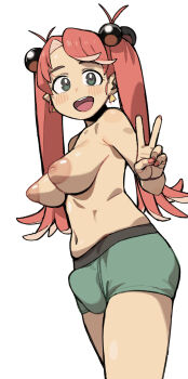 1futa blush boxer_briefs breasts bulge collarbone commentary cowboy_shot earrings facing_to_the_side futanari geso_smith green_eyes green_male_underwear hair_bobbles hair_ornament highres jewelry large_areolae large_breasts linea_alba long_hair looking_at_viewer male_underwear nail_polish navel nipples open_mouth original pink_nails puffy_nipples red_hair red_nails simple_background solo straight_hair teeth topless_female triangle_earrings twintails underwear upper_teeth_only v very_long_hair white_background