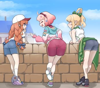 3girls :d against_railing ahoge bent_over black_shoes blue_shorts bow braid chieru_(princess_connect!) chieru_(school_festival)_(princess_connect!) chloe_(princess_connect!) chloe_(school_festival)_(princess_connect!) closed_eyes clothes_around_waist commentary_request day from_behind full_body green_bow green_jacket hair_ornament hair_rings hat highres jacket jacket_around_waist long_hair melodic_death multiple_girls open_mouth orange_hair outdoors pantylines pink_hair ponytail princess_connect! purple_eyes railing red_shorts shoes short_hair shorts single_hair_ring sleeveless smile socks star_(symbol) star_hair_ornament striped_clothes striped_socks twin_braids very_long_hair white_hat white_socks yuni_(princess_connect!) yuni_(school_festival)_(princess_connect!)