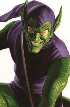 1boy absurdres alex_ross brown_eyes colored_skin comic_cover cover cover_page evil_grin evil_smile green_goblin green_scales green_skin grin hat highres looking_at_viewer male_focus marvel mask official_art phrygian_cap pointy_ears purple_hat purple_tunic realistic smile solo spider-man_(series) teeth tunic upper_body western_comics_(style) white_background