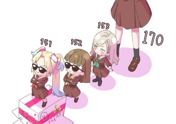 &gt;:) 4girls absurdres anime_coloring aqua_neckerchief black_pantyhose black_shorts black_socks blonde_hair blue_eyes blue_hair blush box braid brown_dress brown_hair brown_shoes center-flap_bangs ceras_yanagida_lilienfeld chibi closed_mouth commentary crossed_arms curtained_hair dress fang fang_out flower grey_hair hair_flower hair_ornament hair_ribbon hasu_no_sora_school_uniform height height_difference highres kachimachi_kosuzu katsuragi_izumi link!_like!_love_live! loafers long_hair long_sleeves love_live! mary_janes medium_dress multiple_girls neckerchief on_box osawa_rurino osawa_rurino&#039;s_cardboard_box out_of_frame pantyhose parted_bangs pink_flower pink_ribbon pleated_dress red_neckerchief ribbon sailor_collar sailor_dress school_uniform shadow shoes shorts side_braids simple_background smile socks split_mouth standing standing_on_box sunglasses sunkeun swept_bangs twintails v-shaped_eyebrows virtual_youtuber white_background white_sailor_collar white_socks winter_uniform yellow_neckerchief