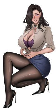 Rule 34 | 1girl, absurdres, animal collar, black hair, black pantyhose, black shoes, blue skirt, blush, bra, bra peek, breasts, chain, collar, earrings, full body, hair over one eye, high heels, highres, huge breasts, jewelry, lace, lace-trimmed bra, lace trim, legs, long bangs, long hair, long legs, looking at viewer, manna (pixiv8805037), mature female, open clothes, open shirt, original, pantyhose, parted lips, purple bra, purple eyes, red lips, red nails, shiny pantyhose, shoes, simple background, skirt, sleeves rolled up, solo, squatting, stiletto heels, sweat, teeth, thighs, underwear, white background