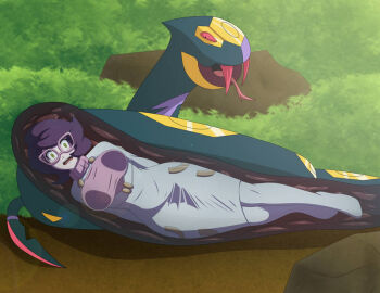 1girl breasts cross-section dress elmonais fang fangs forked_tongue gen_3_pokemon glasses inside_creature large_breasts nintendo outdoors pokemon pokemon_(creature) pokemon_sm purple_hair scared seviper snake stomach thighhighs tongue vore wicke_(pokemon) x-ray