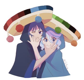 1boy 1girl agfavio alternate_costume alternate_headwear black_hood blue_eyes blue_hair blue_hood blunt_ends blush cheek_squash choppy_bangs cloak closed_mouth cropped_torso eyelash_ornament furina_(genshin_impact) genshin_impact hand_on_another&#039;s_face hat highres hood hood_up hooded_cloak looking_at_viewer mexican_clothes multicolored_hair one_eye_closed purple_eyes purple_hair scaramouche_(genshin_impact) sombrero streaked_hair twitter_username v-shaped_eyebrows white_background white_hair
