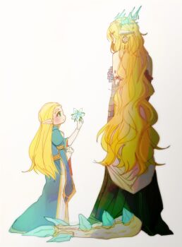 absurdres animal_earrings animal_ears blue_dress blush braid circlet crown_braid dragon_ears dragon_horns dragon_tail dress flower full_body gold_trim green_eyes hand_on_own_arm highres holding holding_flower horns light_dragon_(zelda) long_dress long_hair looking_at_another monster_arm mori_(vvmorivv) nintendo pointy_ears princess_zelda silent_princess tail the_legend_of_zelda the_legend_of_zelda:_tears_of_the_kingdom thick_eyebrows white_background